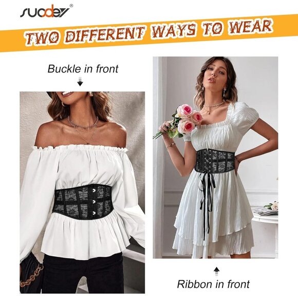 Women's Jacquard Corset Belt Lace Up Bustier Waspie Belt Renaissance Black Lace - Picture 2 of 6